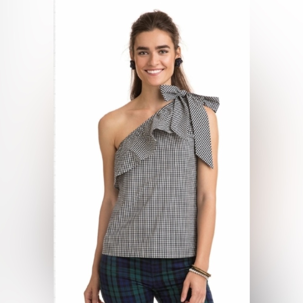 Vineyard Vines Gingham One Shoulder Ruffle Bow Top Black White Size 6